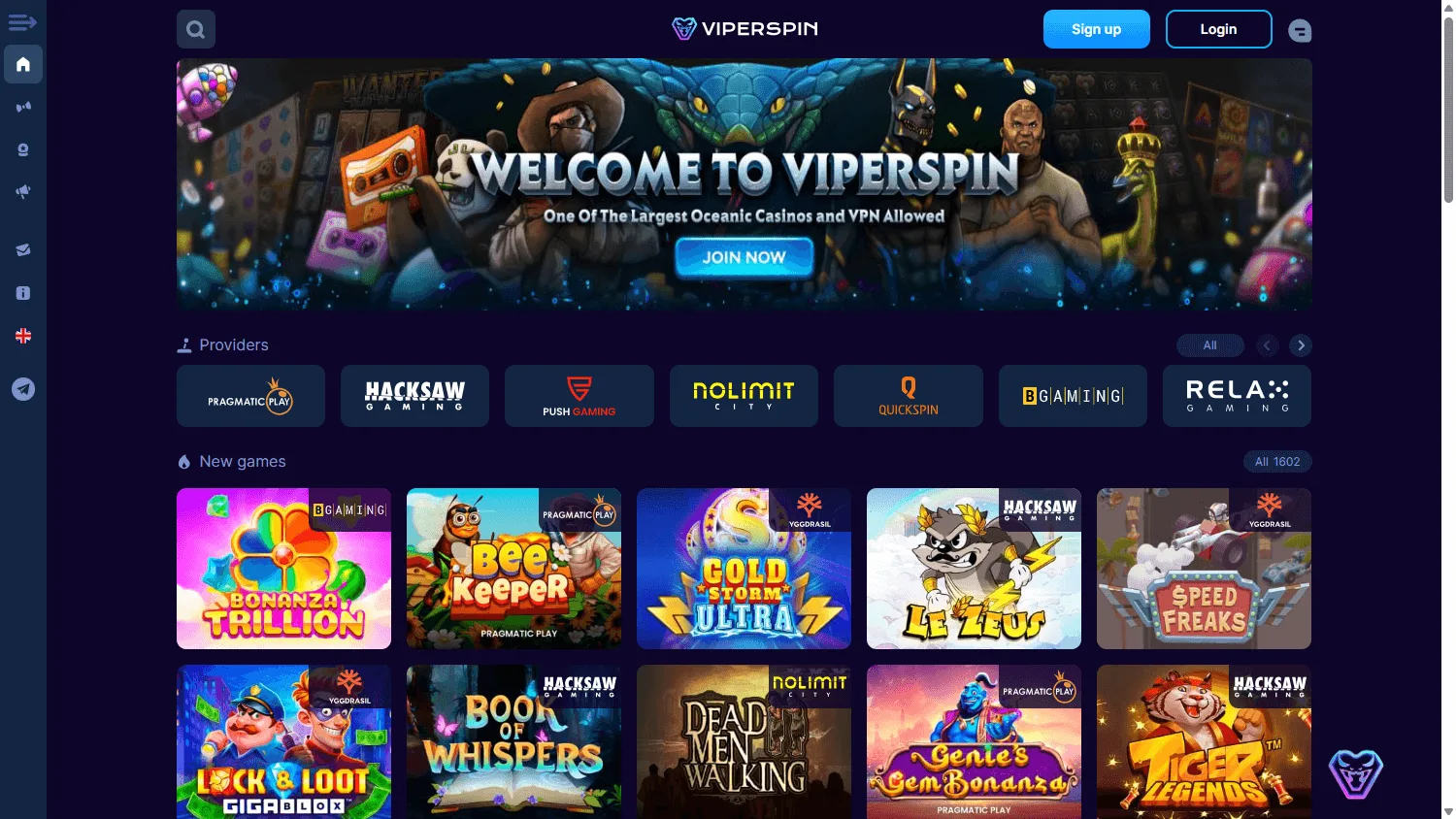 Viperspin Casino promotions on desktop